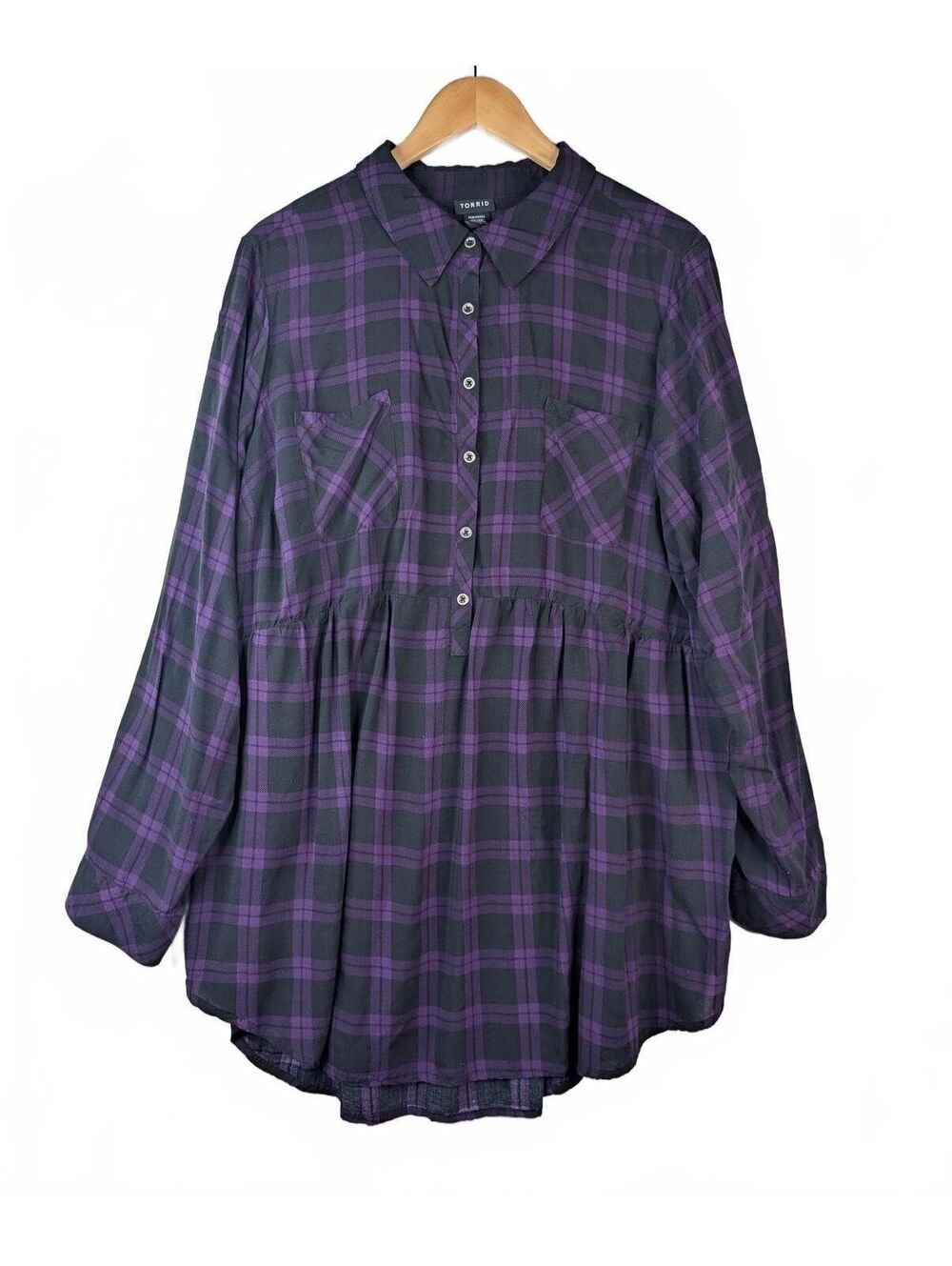 Torrid Purple and Black Plaid Button-Up Baby Doll Tunic, Size 3 (3X)